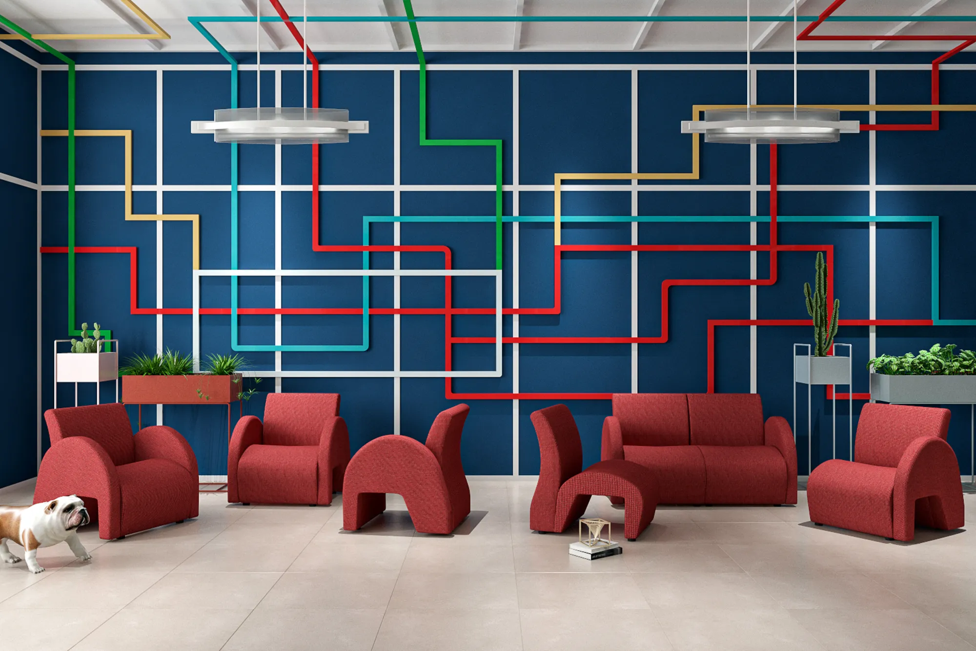 Photorealistic 3D furniture rendering of red lounge chairs and sofa in a modern interior