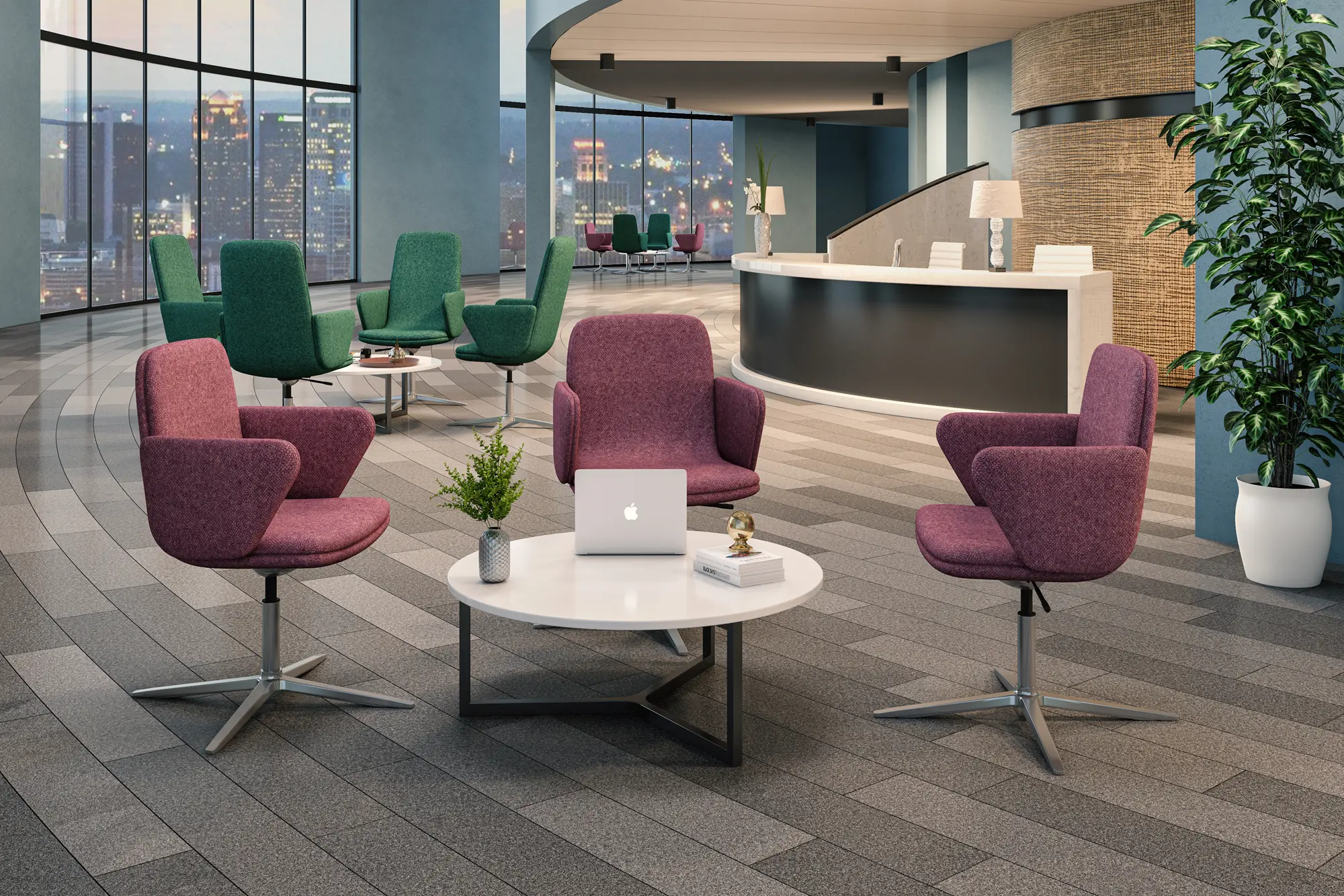 Photorealistic 3D render of Lola and Lola-XL lounge chairs in a modern office reception area with a curved reception desk, coffee table, and city view.