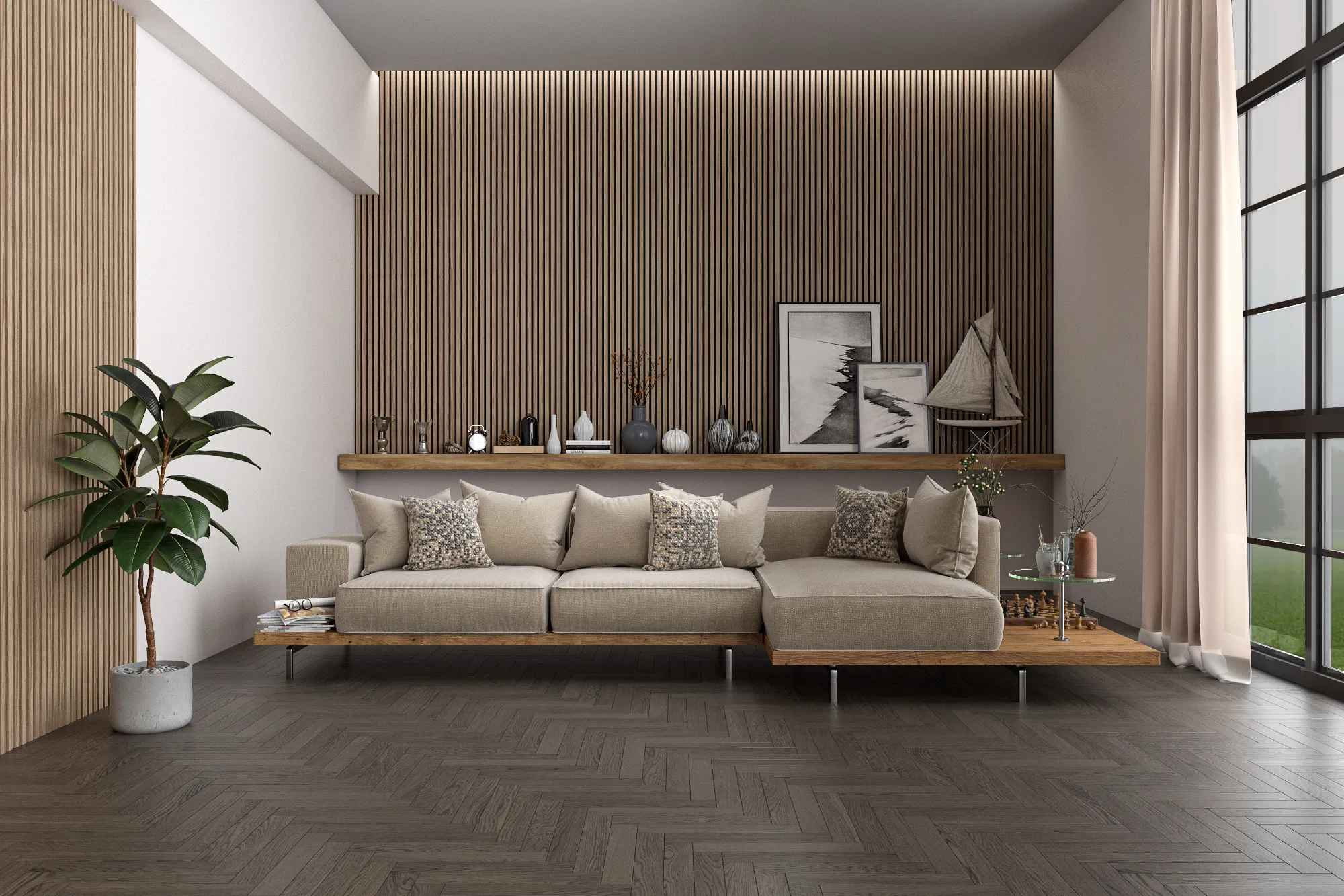 Photorealistic 3D render of a modern walnut sectional sofa with neutral cushions, wood accents and a slatted feature wall in a contemporary living room